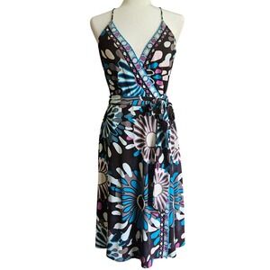 Donna Morgan Dress Womens 10 Dark Floral Halter Wrap Midi Jersey Knit Y2K Whimsy